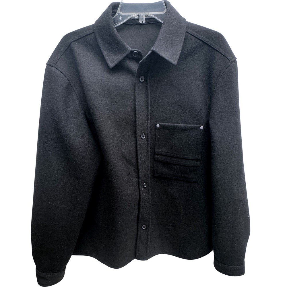 ZARA Black Oversized Shacket Jacket Coat Women's L Button Front Utility Pocket